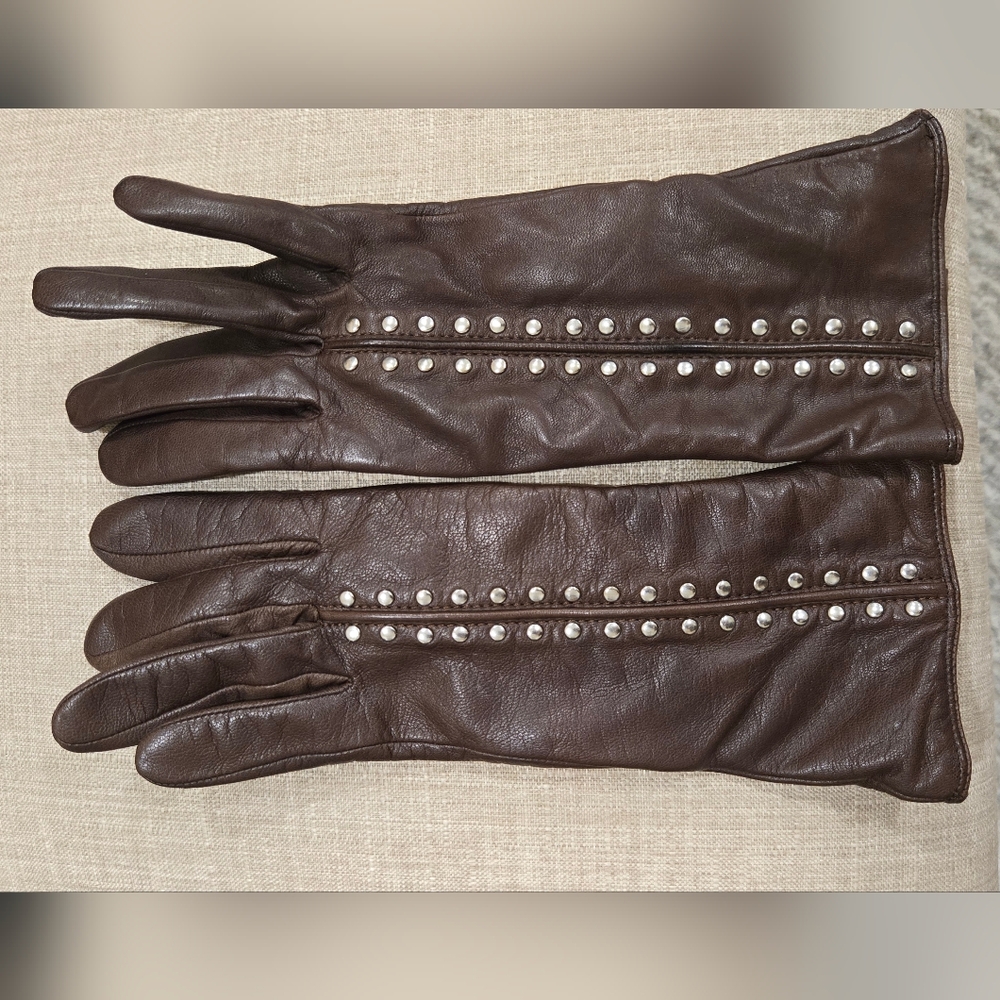 Michael Kors Dark Brown Leather Gloves with Silver Studs